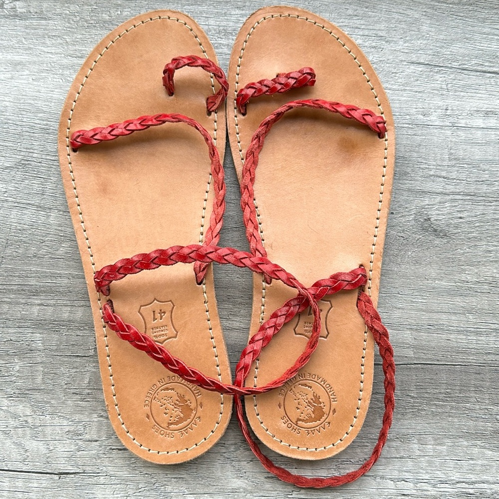Ancient Greek sandals, braided ankle wrap sandals. Size 41. Red leather. Sexy!